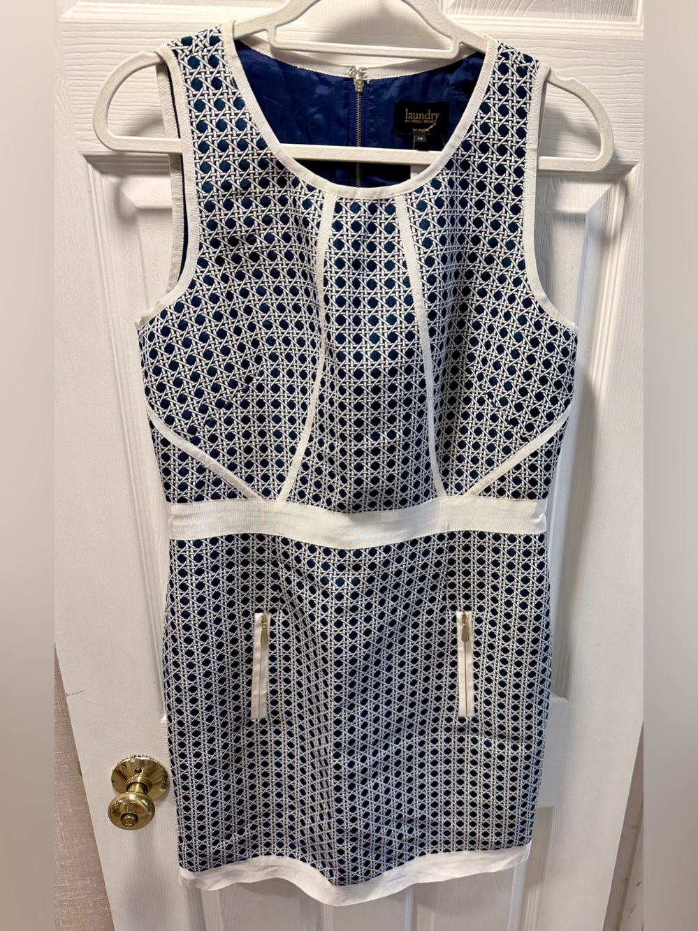 Laundry by Shelli Segal NWT Blue White Geometric Sheath Dress 10 Zip